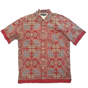 TOMMY HILFIGER Button Front Shirt Mens Medium Red Paisley, Cotton Short Sleeve